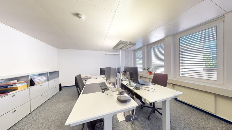 Office room with desks, computer monitors, chairs, cabinets with files, blinds, carpeted floor, and a window sill with a plant