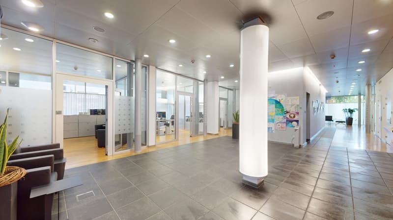 open room, glass walls, waiting area, central column, two potted plants, modern design