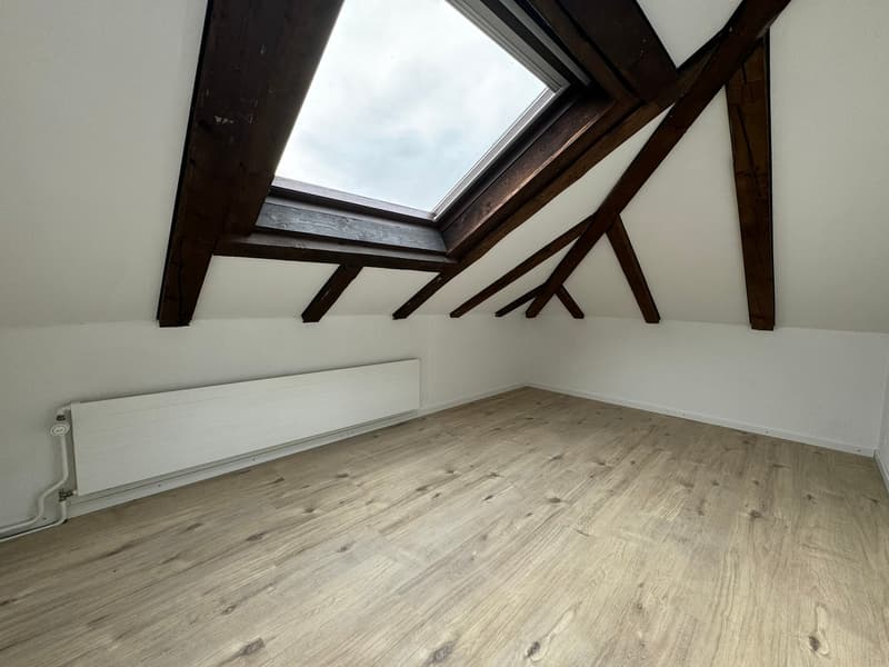 atrium room, wooden beam ceiling, skylight, wooden floor, white walls, white radiator