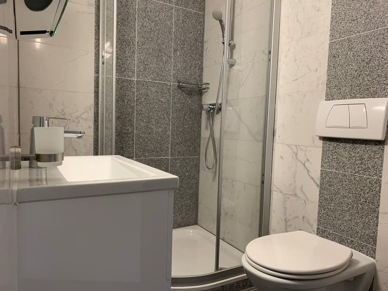 The image shows a modern bathroom with a glass shower enclosure, a white vanity with a sink, and a toilet. The walls are covered in gray and white marble-like tiles, creating a sleek and elegant look. The bathroom appears to be well-equipped with a shower