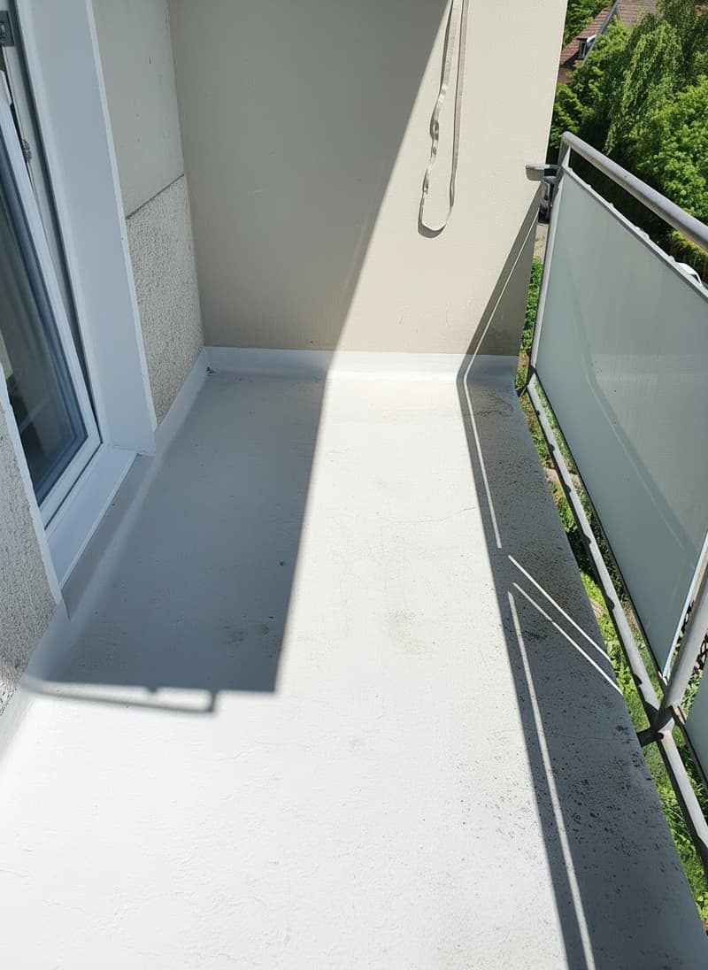 Balcony with white floor, glass railing, white wall, glass window, shadow on the floor