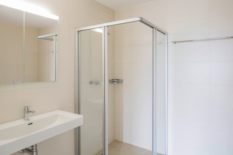 Bathroom with white tiles, glass shower enclosure, white sink, mirror, and towel rack.