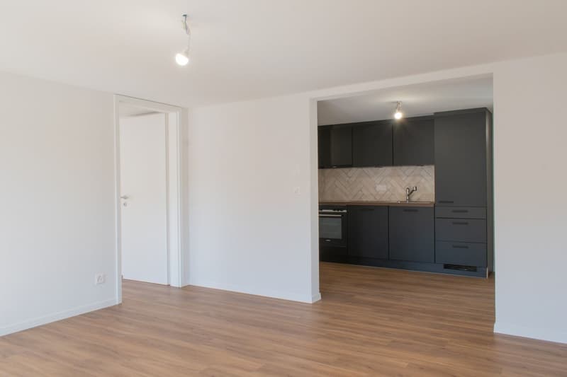 Empty room with white walls, wooden floor, open kitchen with black cabinets, sink, and oven