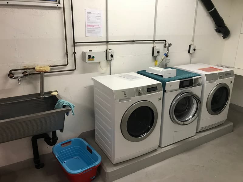 The image shows a laundry room with a washing machine, a dryer, and a dishwasher. There is also a utility sink and some storage shelves visible.