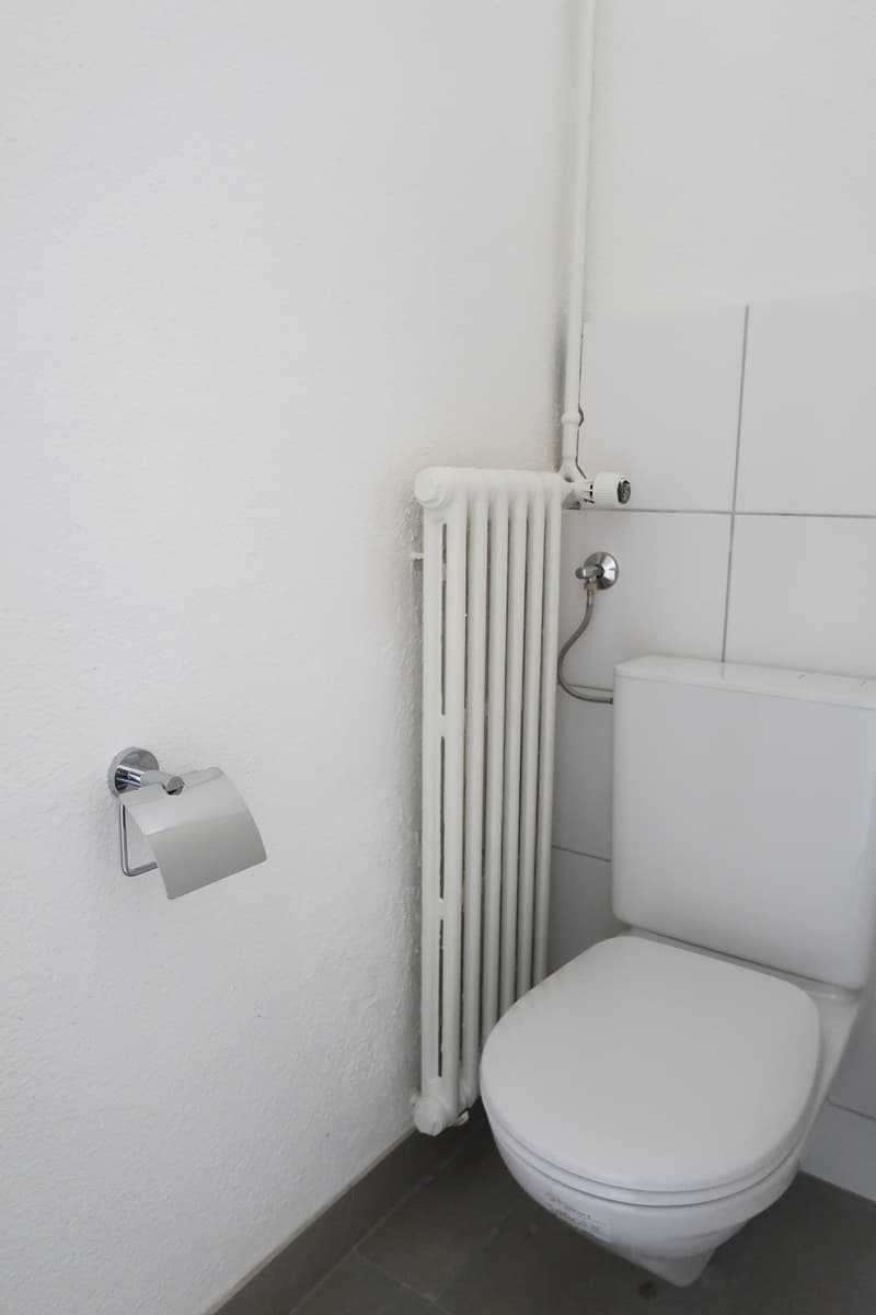 The image shows a bathroom with a white toilet and a white radiator installed on the wall. The bathroom appears to have a minimalist and clean design with white walls and tiles.