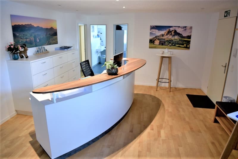 The image shows an open-plan living room and kitchen area. The kitchen features a curved white counter with a wooden top, and there appears to be a dishwasher visible. The living room area has large landscape artwork on the walls, and the flooring is a li