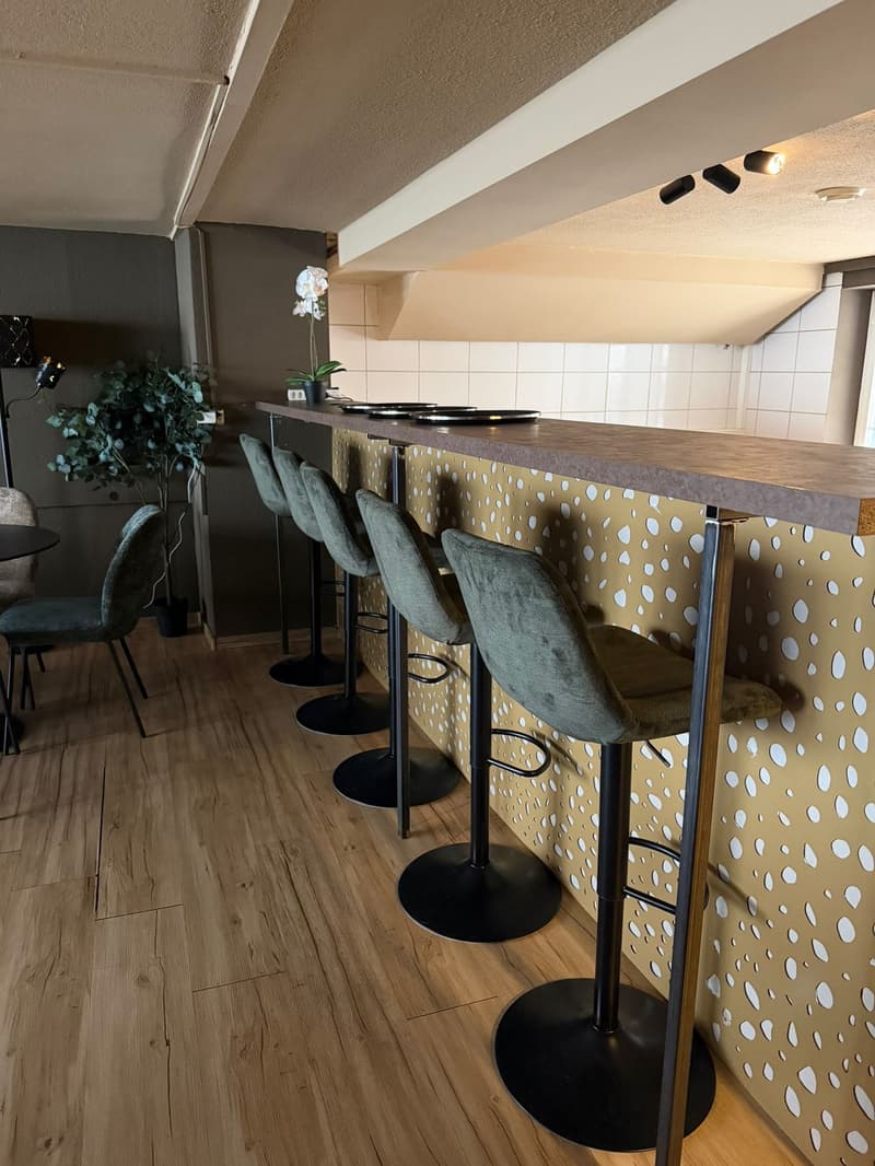 a room with bar counter, chairs, floor lamp, potted plant, round table