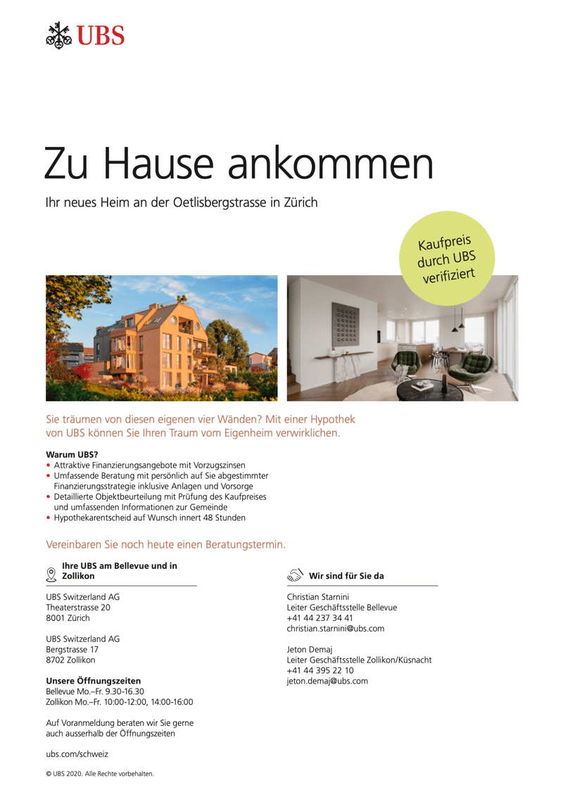 Advertisement for UBS Hypotheken banking services. Features include attractive financing offers, expert consultation, and online tools. A house image is shown as an example property.