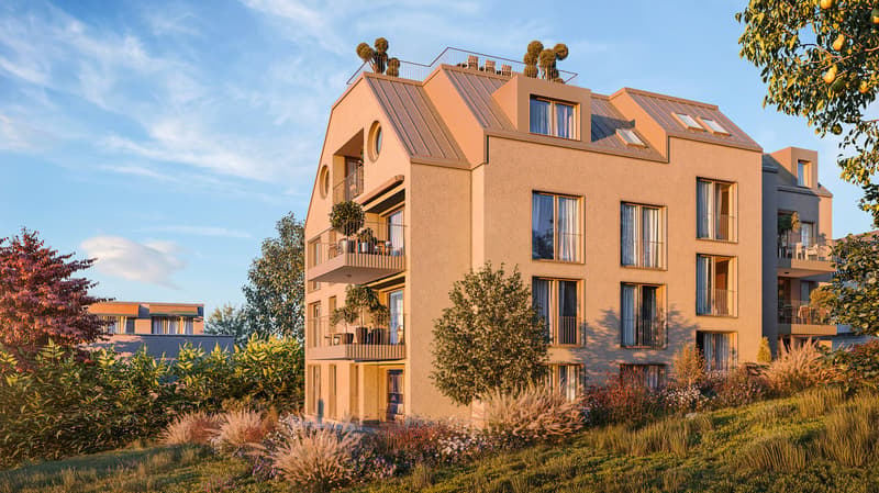 modern building, balconies, roof terrace, surrounded by greenery, orange facade