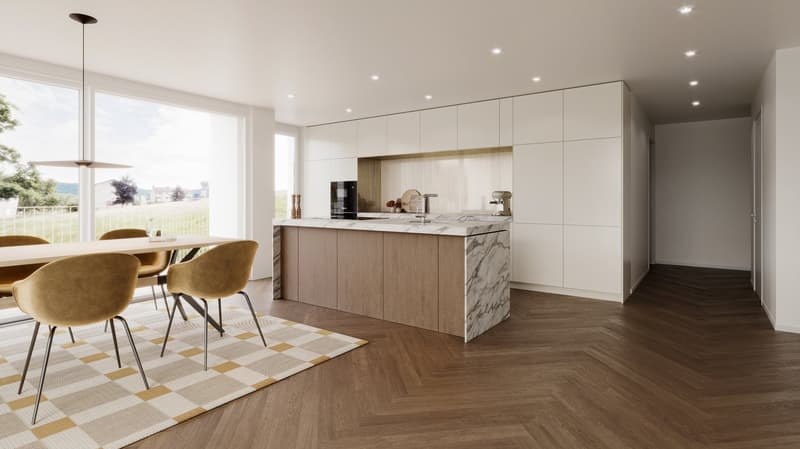 modern open kitchen, white cabinets, marble countertop, gas stove, large dining table, modern chairs, modern rug