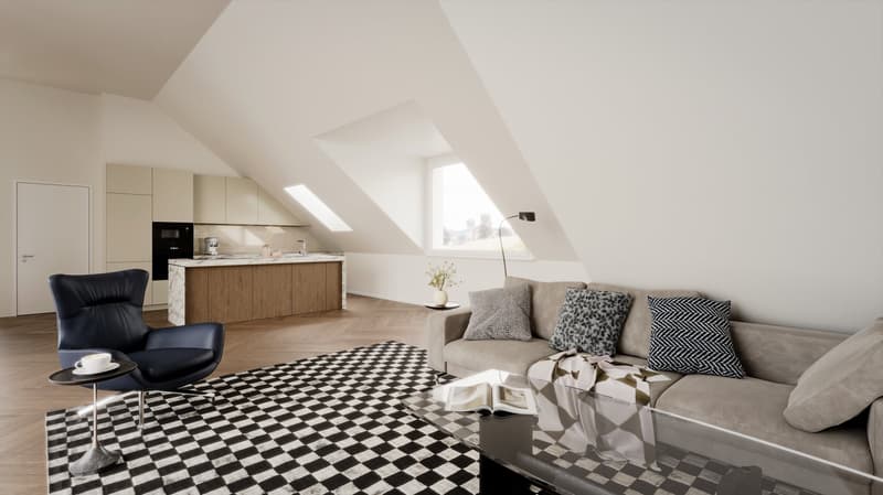modern design, open kitchen, large windows, hardwood floor, sofa, coffee table, armchair, coffee cup, book, rug