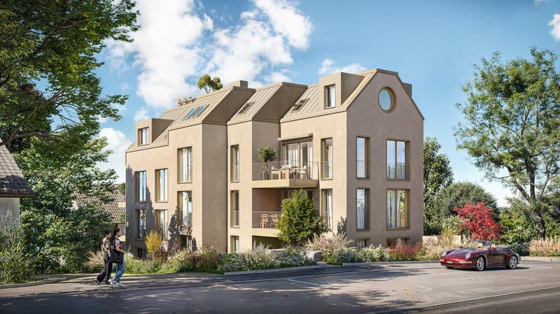 3 story house, beige exterior, multiple windows, balconies, circular window on the front