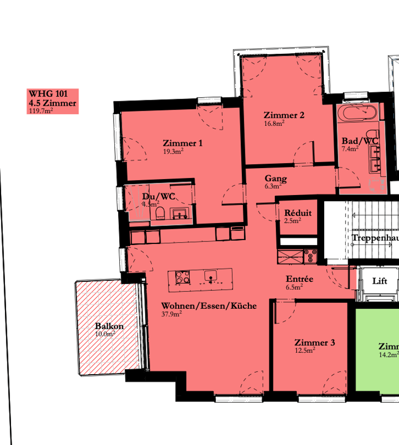 Living/Dining/Kitchen, 3 bedrooms, 2 bathrooms, balcony, entrance, stairs