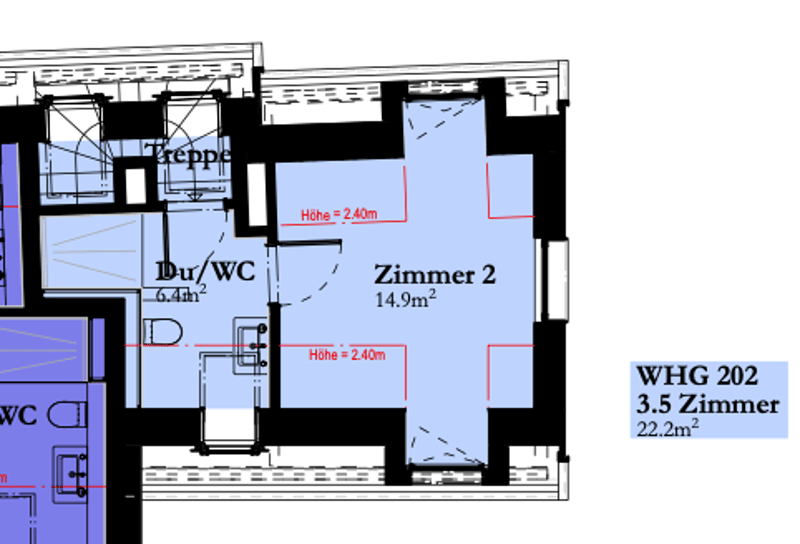 Floor plan of a 3.5 room apartment with a bathroom, a room, and a staircase.