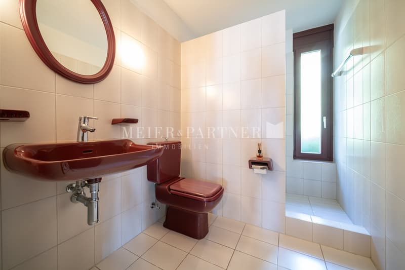 red sink, red toilet, white tiles, mirror, window