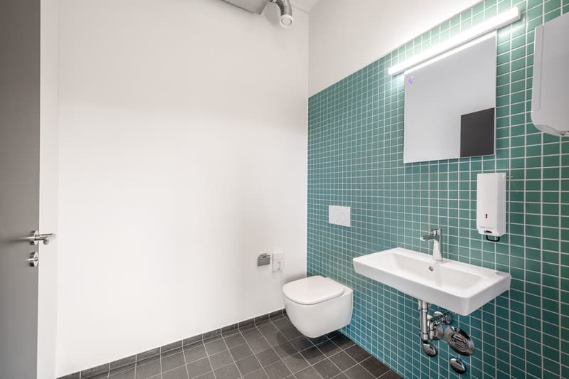 Bathroom with white walls, green tile wall, white sink, toilet, and dark tile floor