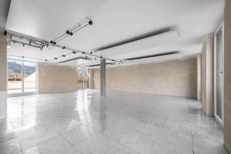 empty room, white ceiling, white tiled floor, metal column, two large glass doors
