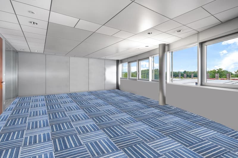 large, empty room, blue carpet, high ceiling, windows