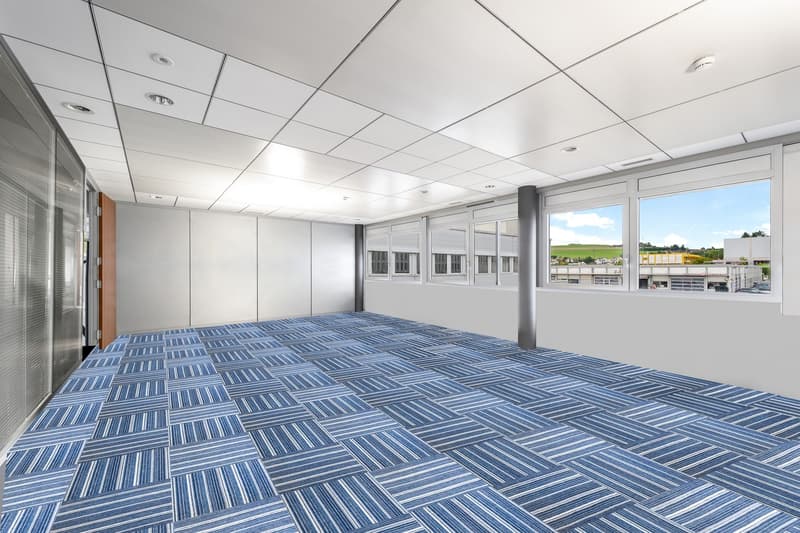 empty office room, tiled floor, large windows, white walls, central column, bright lighting