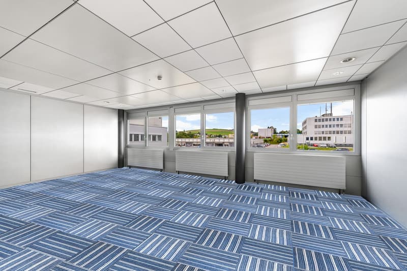 large room with white walls, blue and white floor, large windows, and three radiators