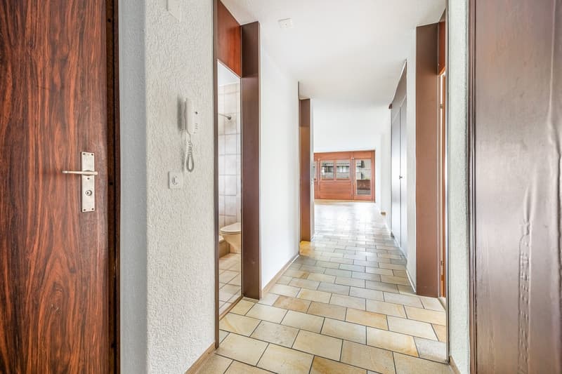 tiled floor, wooden doors, white walls, phone, open bathroom, light