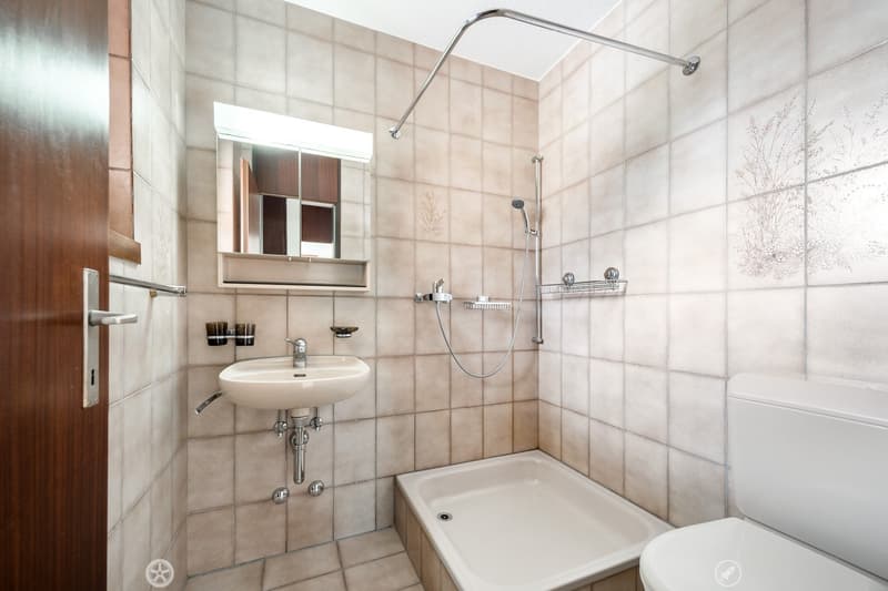 small bathroom with bathtub, shower, toilet, sink and mirror