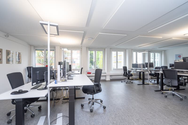 A contemporary, well-equipped office space with desks, adjustable chairs, modern monitors, and windows overlooking the outside.