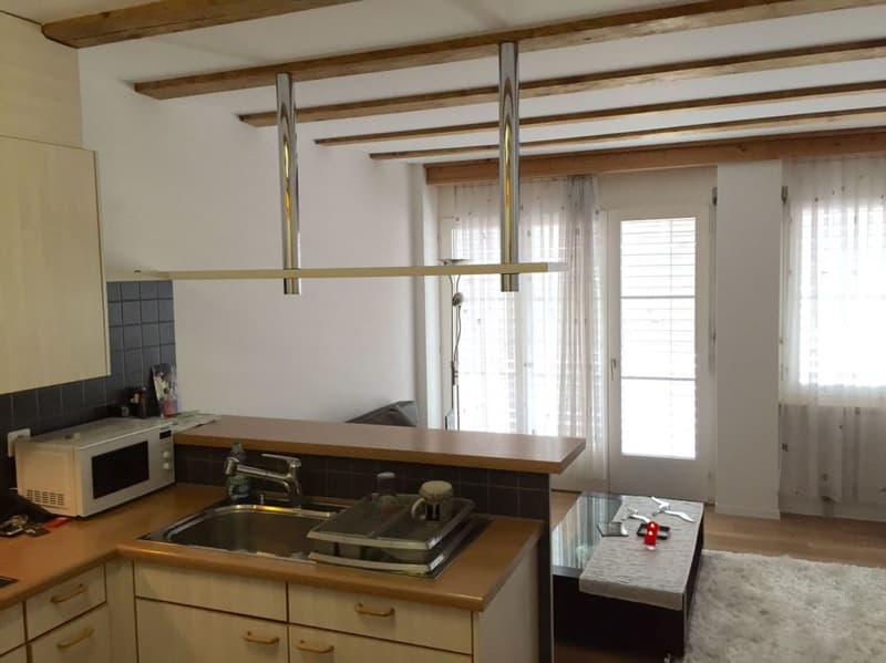 Küche mit Sicht ins Wohnzimmer