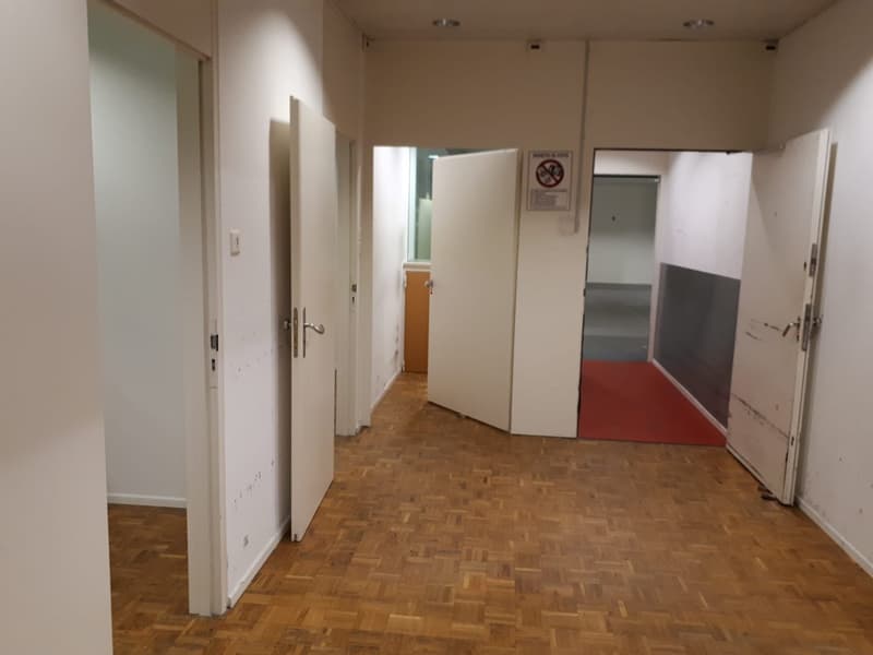 empty corridor with wooden floor, doors leading to rooms