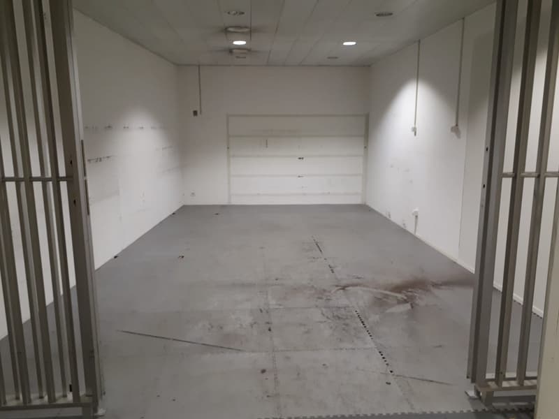 Empty garage, with closed door, and two vertical white pillars