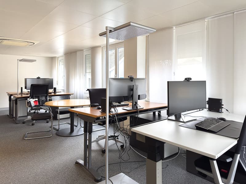 Modern office space with desks, chairs, computers, and monitors. The room has ceiling lights, and adjustable floor lamps. There are multiple windows with blinds, and grey carpeting on the floor.