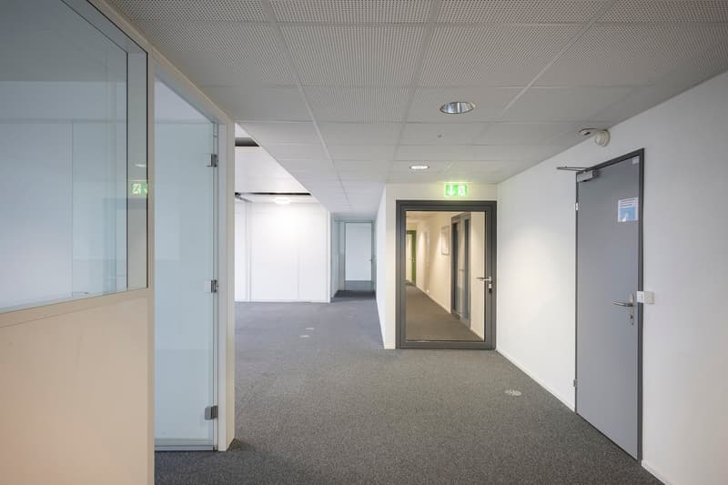 long hallway, white walls, gray carpet, doors on both sides, exit signs