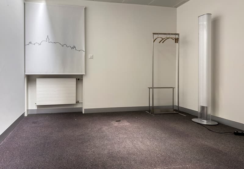 Empty room with white walls, gray carpeted floor, a wall-mounted heater, a metal clothing rack, and a floor lamp.