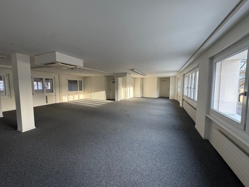 Empty room with white walls, gray carpet, large windows, and ceiling lights