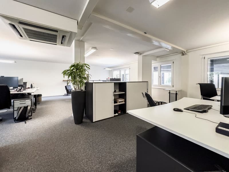 Spacious open-plan office with white walls, gray carpeted floor, and modern office furniture including desks, chairs, and storage cabinets. There is a large potted plant in the corner and a ceiling-mounted air conditioning unit visible.
