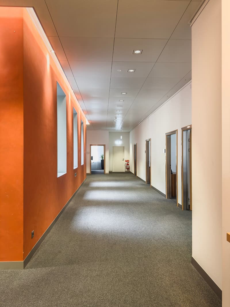 The image shows a long, well-lit office hallway with a gray carpeted floor and white walls. The hallway has several doors leading to different rooms or offices, and the walls are accented with orange panels, creating a modern and vibrant atmosphere. The c