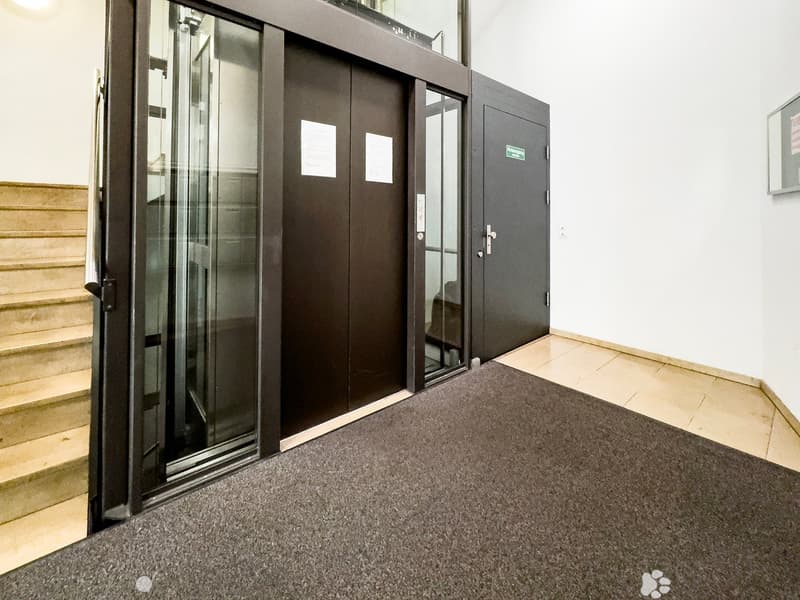 The image shows the entrance to a building. The entrance has a set of double glass doors with a black frame. The doors are flanked by two solid black doors on either side. The floor in front of the entrance is covered with a gray carpet. There are wooden