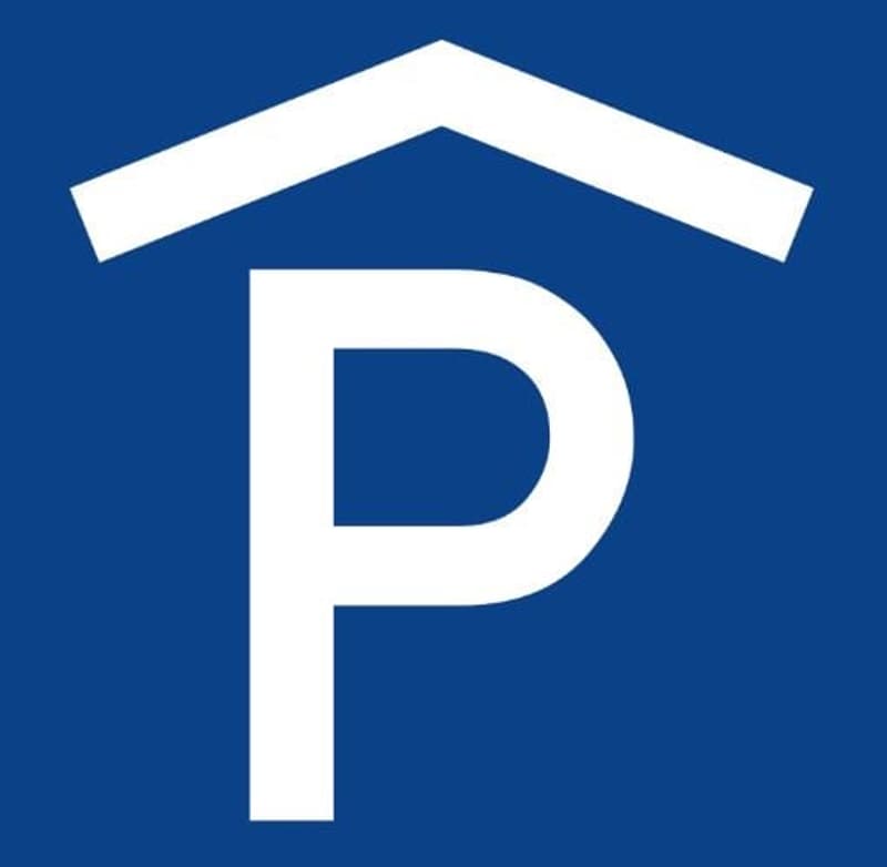 white letter P, blue background
