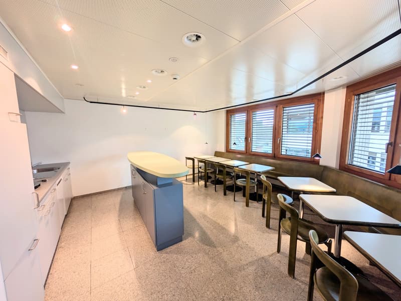 modern kitchen with white cabinets, central island, white countertops, modern chairs, tables, windows with blinds, white ceiling
