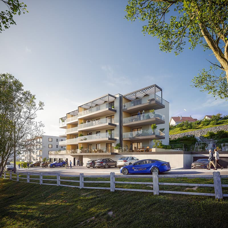 Modern apartment building with multiple balconies, glass railings, and a parking area in front.