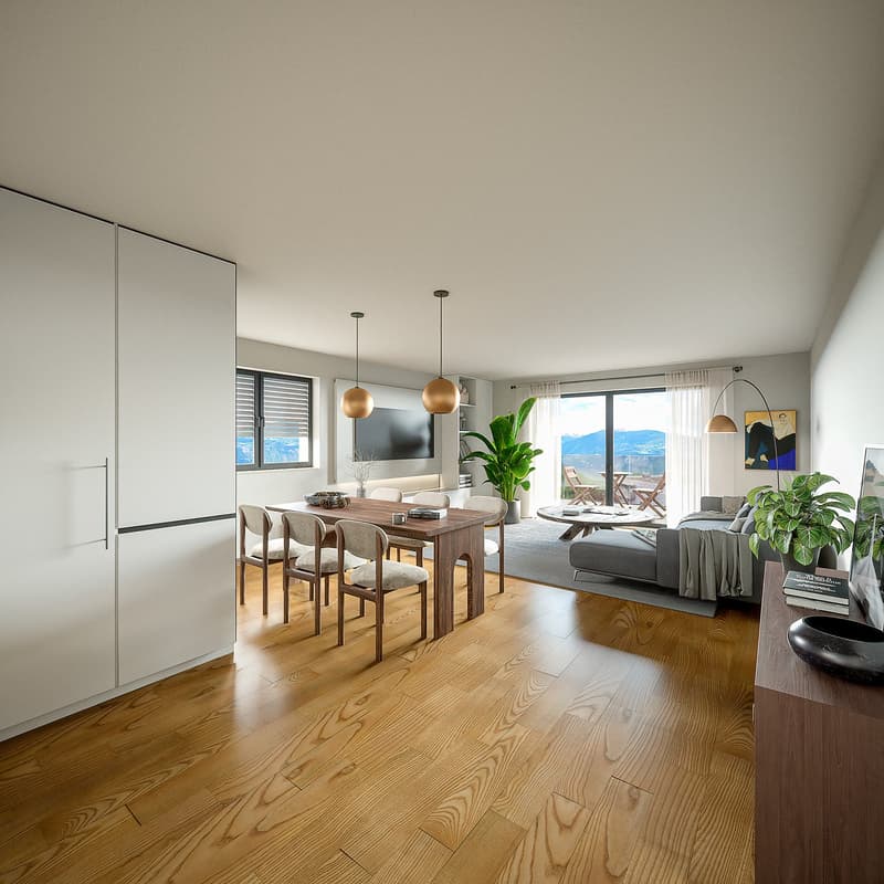 Modern living room with wooden floor, white walls, dining table, chairs, and large windows overlooking mountains.