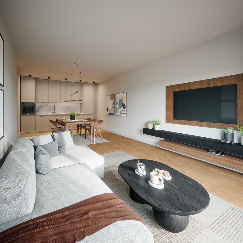 living room, dining room, modern design, large white sofa, wooden dining table, TV, carpet