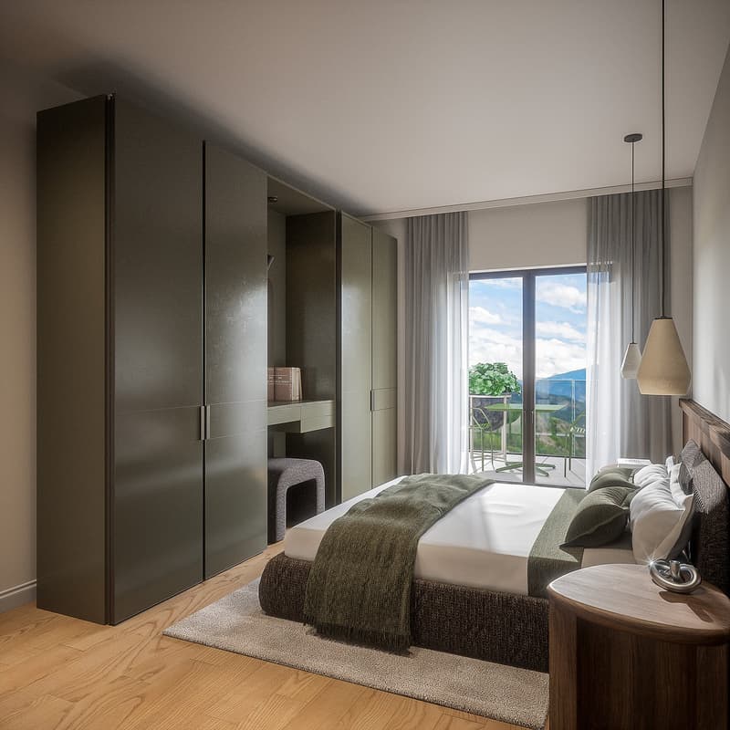 large bed, wooden floor, large wardrobe, balcony, desk, chair, table, lamp