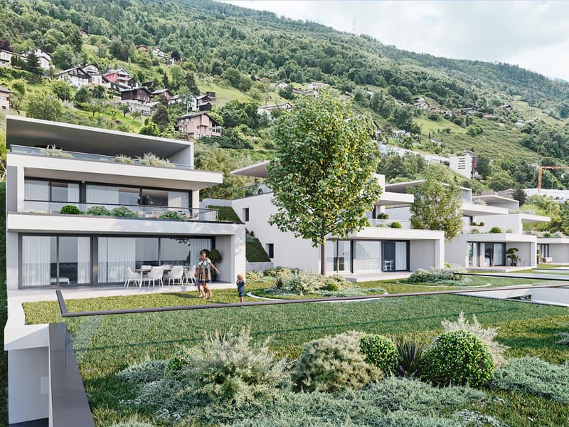 Modern white house, multiple levels, large windows, terrace, garden, mountain view