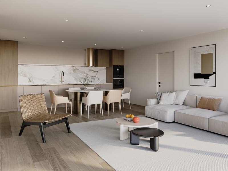 modern living room with white couch, dining table, wooden floor, white walls, kitchen with marble countertop, modern kitchen appliances