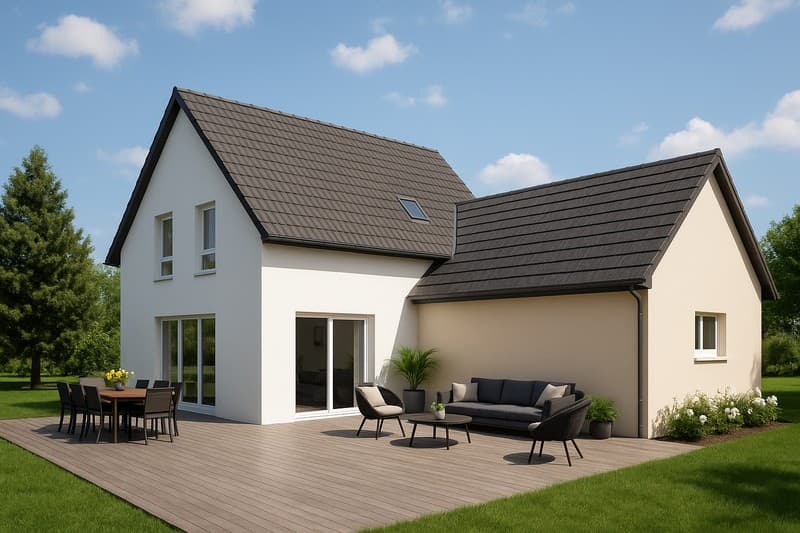 detached house, raised ground floor, large windows, front yard, patio with wooden deck, seating area, plants