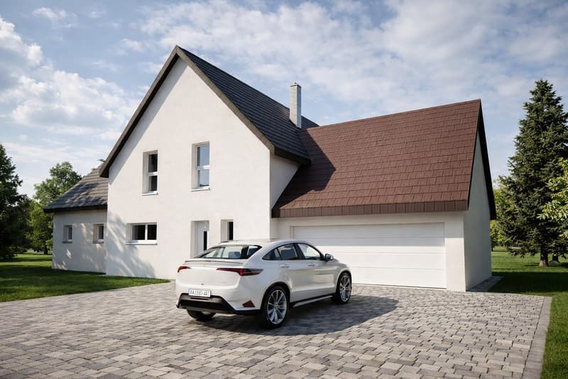 modern house, white exterior, brown roof, white garage, brick driveway, car parked in front, large windows