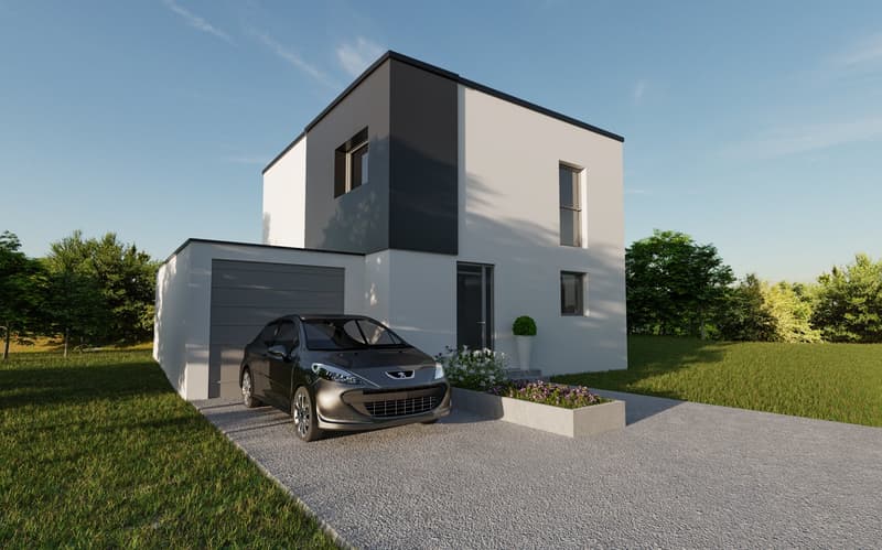 2-story modern house with a flat roof, white and black exterior, large windows, and a garage attached to the side.