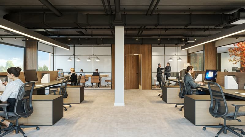 Modern open-plan office space with workstations, meeting rooms, and natural lighting from large windows. The office has a clean, industrial design with exposed ceilings, wooden accents, and a mix of seating options.