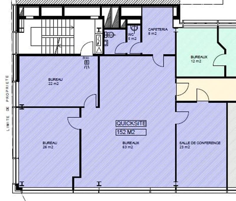 The floor plan shows a layout with a central 'Quicksite' area, surrounded by several rooms. There are two bureaus (offices), a cafeteria, and a conference room visible.